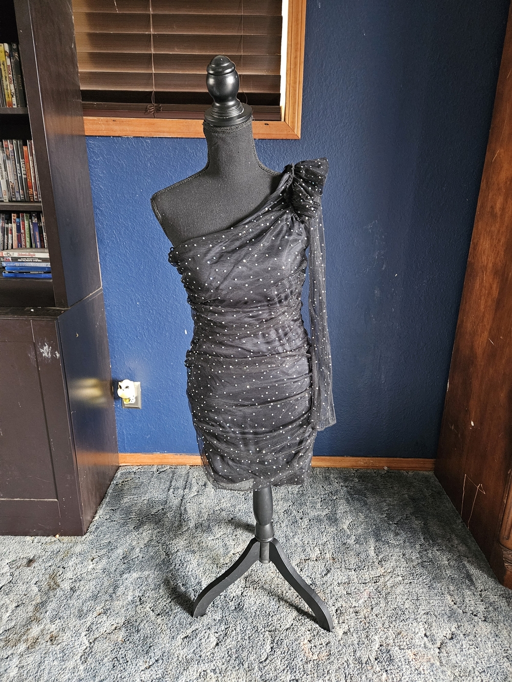 Zara Black One-Shoulder Glittered Ruched Mini Dress large nwt festival